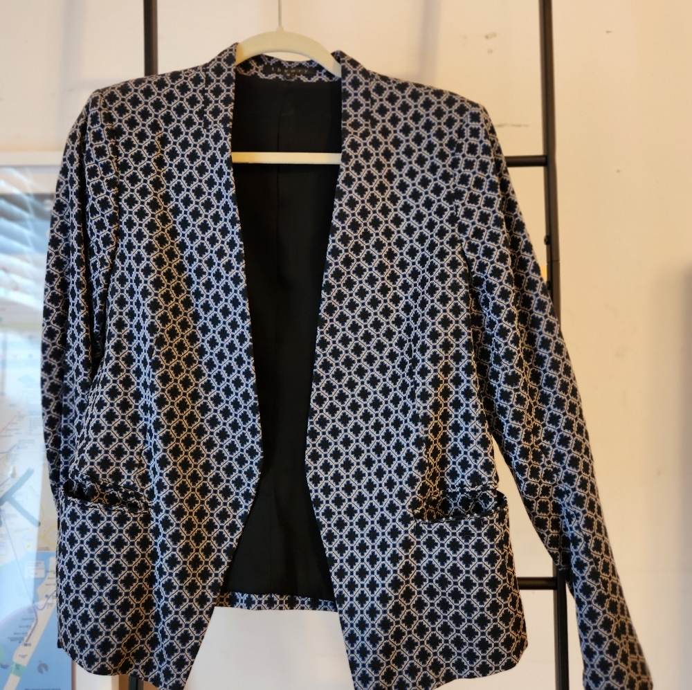 Theory brocade collarless blazer navy and gray